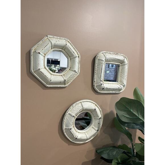 Amazon.com: Briful Beige Wall Mirrors Decor Set of 3 Wooden  Set of 3 Rattan Mirrors Cream Hand Painted Rustic Distressed Boho Eclectic Wall